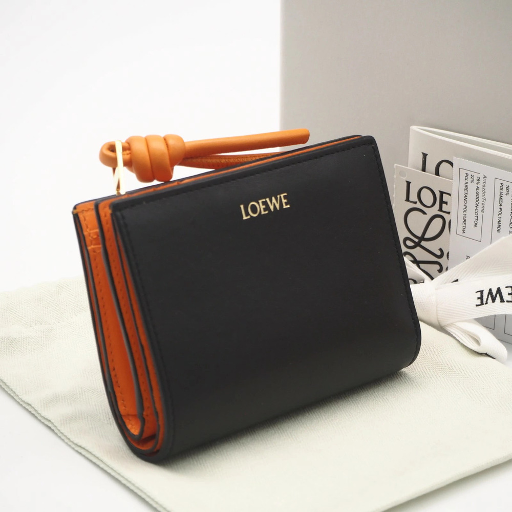 Loewe Shiny Napa Calf Knot Compact Wallet Tri fold Black Orange Leather